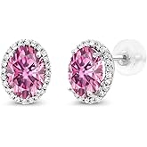 Gem Stone King 10K White Gold Build your Own Personalized 7X5MM Oval Birthstone and Diamond Halo Stud Earrings For Women