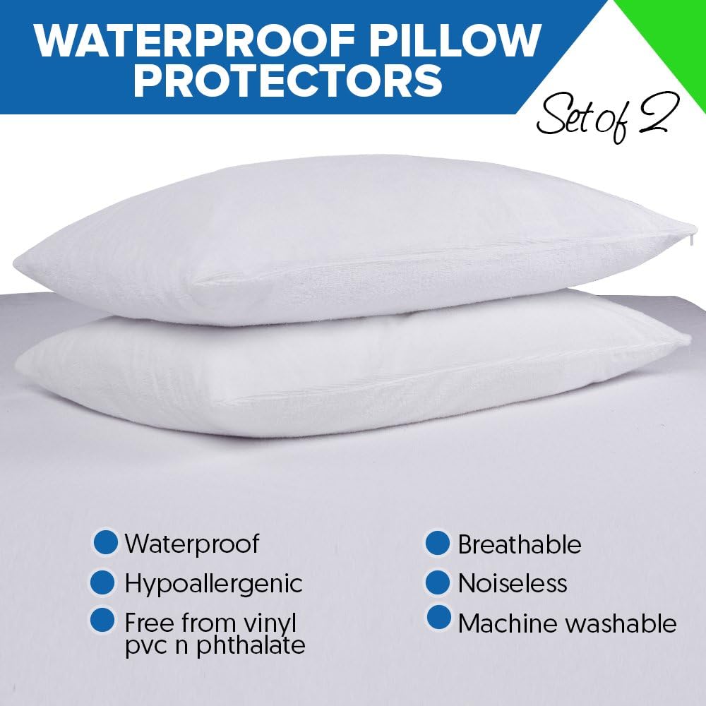 King Pillow Protector Covers - Waterproof, Allergy, Dust, Bed Bug, and Mite Proof Zippered Protectors - Pillowcase Zipper Cover Allergen Case Pack For Sleep Pillows - Soft Cotton Terry - 2: Home & Kitchen