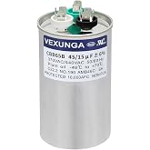 VEXUNGA 45/15 uF 45+15 MFD 370VAC or 440VAC Dual Run Start Round A/C Capacitor CBB65 Air Conditioner Capacitors for AC Unit Fan Motor Start or Heat Pump or Condenser Straight Cool