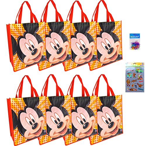 8-pack Mickey Mouse Tote Bag Set (13"x14"x6" Med Woven Reusable Red) AND Mickey Mouse Puffy Stickers Stickers (8"x10") AND 8 Kooky Silicone Bracelts - 8 Person Disney Party Favor Bags and Goodies for Kids