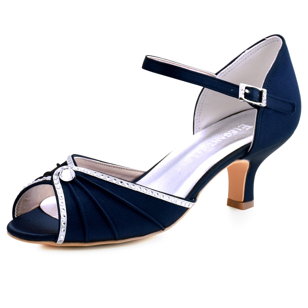 ELEGANTPARK HP1623 Women's Sandals Peep Toe Mid Heel Pumps Pleated Crystal Satin Wedding Dress Shoes