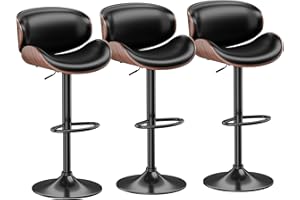 Aowos Bar Stools Set of 3, Adjustable Swivel Barstools Mid-Century Modern PU Leather Counter Height Bar Stool, Kitchen Island Barstools with Back (Black)