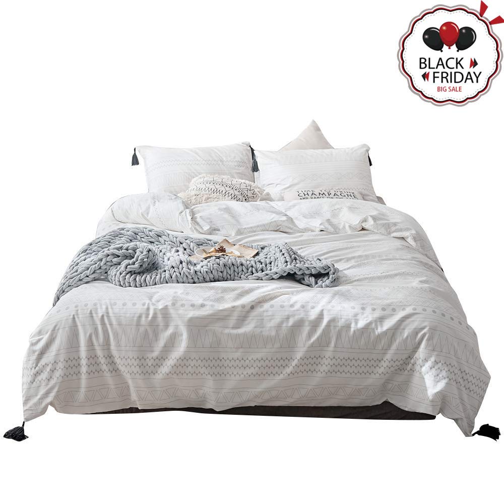 VCLIFE Tassel Cotton Bedding Sets White Gray Geometric Pattern Printed Duvet Cover Sets for Children Adults 3 Pieces Zipper Closure Bedding Collection for All Seasons