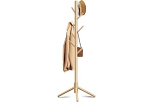 Azaeahom Coat Rack, Coat Racks Freestanding with 8 Hooks 3 Adjustable Heights for Clothes, Hats, Handbags, Coat Tree Easy Assembly for Entryway, Bedroom, Hallway, Office(Nature)