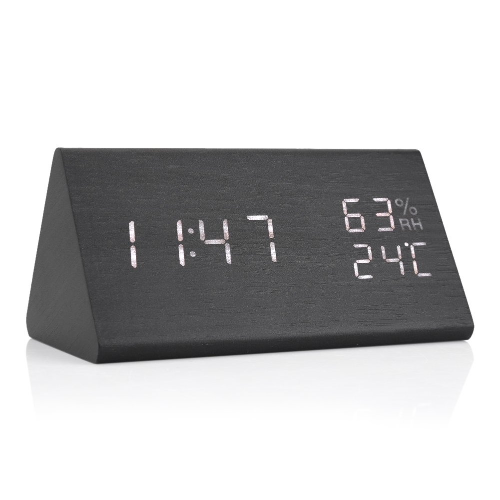 Fdit Wooden Digital Alarm Clock with USB Charging Humidity and Temperature Detect Wooden Electronic LED Display 3 Alarms LED Display 3 Levels Brightness