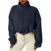 QINSEN Women's Full Zip Fleece Short Jacket Warm Winter Long Sleeve Stand Collar Sherpa Crop Coat