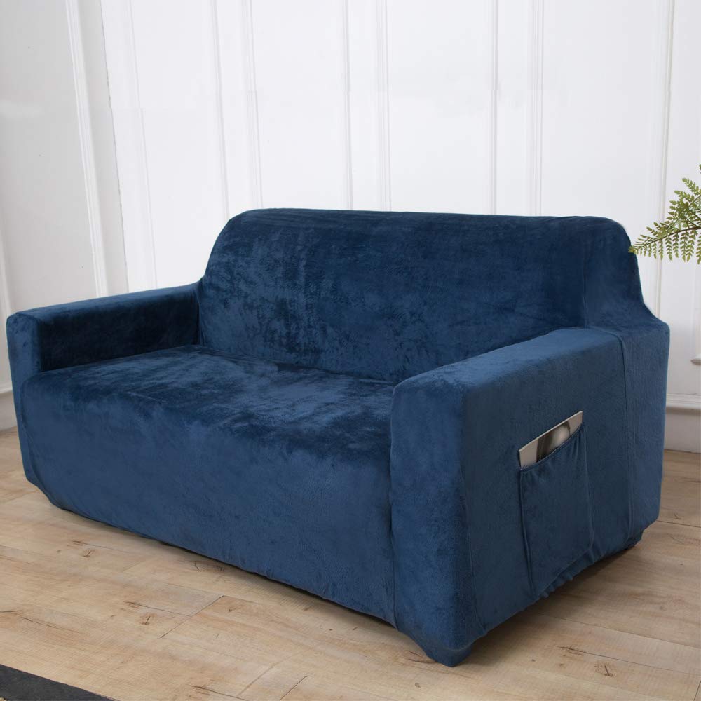 ACOMOPACK Velvet Sofa Cover Stretch Couch Cover for 2 Cushion Couch Cover Sofa Slipcover with Plastic Tuckers and Side Pocket for Living Room Furniture Protector for Dogs(Loveseat, Navy Blue)