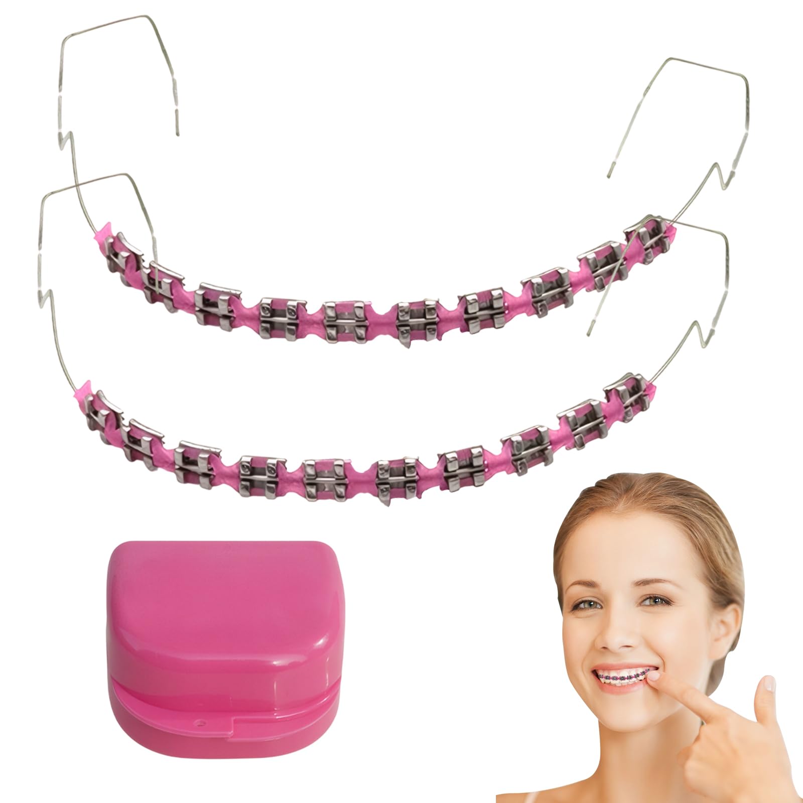 Photo 1 of 1 Pack Fake Braces, Temporary Tooth Decoration with Metal Wires, Metal Brackets and Orthodontic Ligature Ties, Suitable for Orthodontists to Explain, for Dental Students to Practice (Pink)