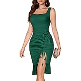 HomRain Mesh Bodycon Dress for Women Square Neck Sexy Ruched Elegant Cocktail Party Midi Dresses