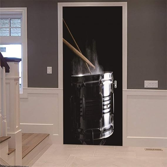 Pegatinas de puerta en 3D Tambor de percusión negro Puerta de madera