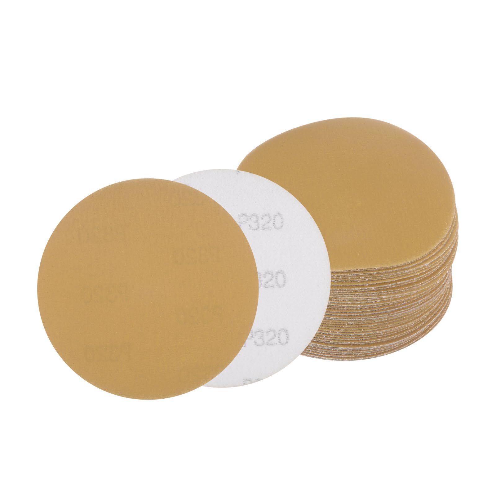 Kozelo 50pcs No Hole Sanding Discs- [ 5 Inch 320 Grit ] Round Hook and Loop Grip Sanding Pads Sheet Sandpaper for Automotive Woodworking Metal Polishing Use| Gold, Aluminum Oxide — image 1