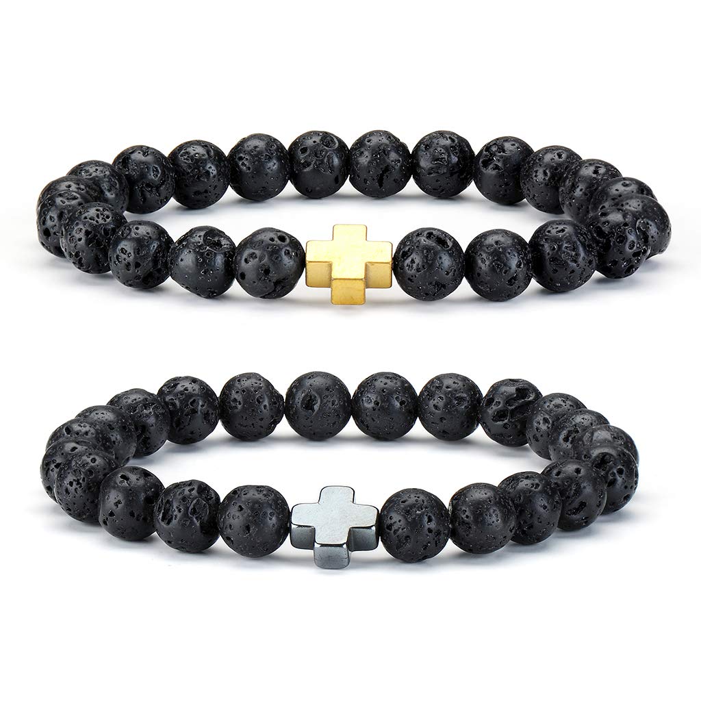 2Pcs Natural lava Stone Bead Cross Bracelet Natural Gemstone Elastic Bracelet for Men Women Cross Bracelet