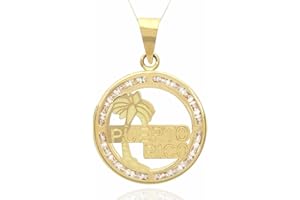 WJD Exclusives 10K Yellow Gold Simulated Diamond Puerto Rico Palm Tree Medallion Disk Pendant