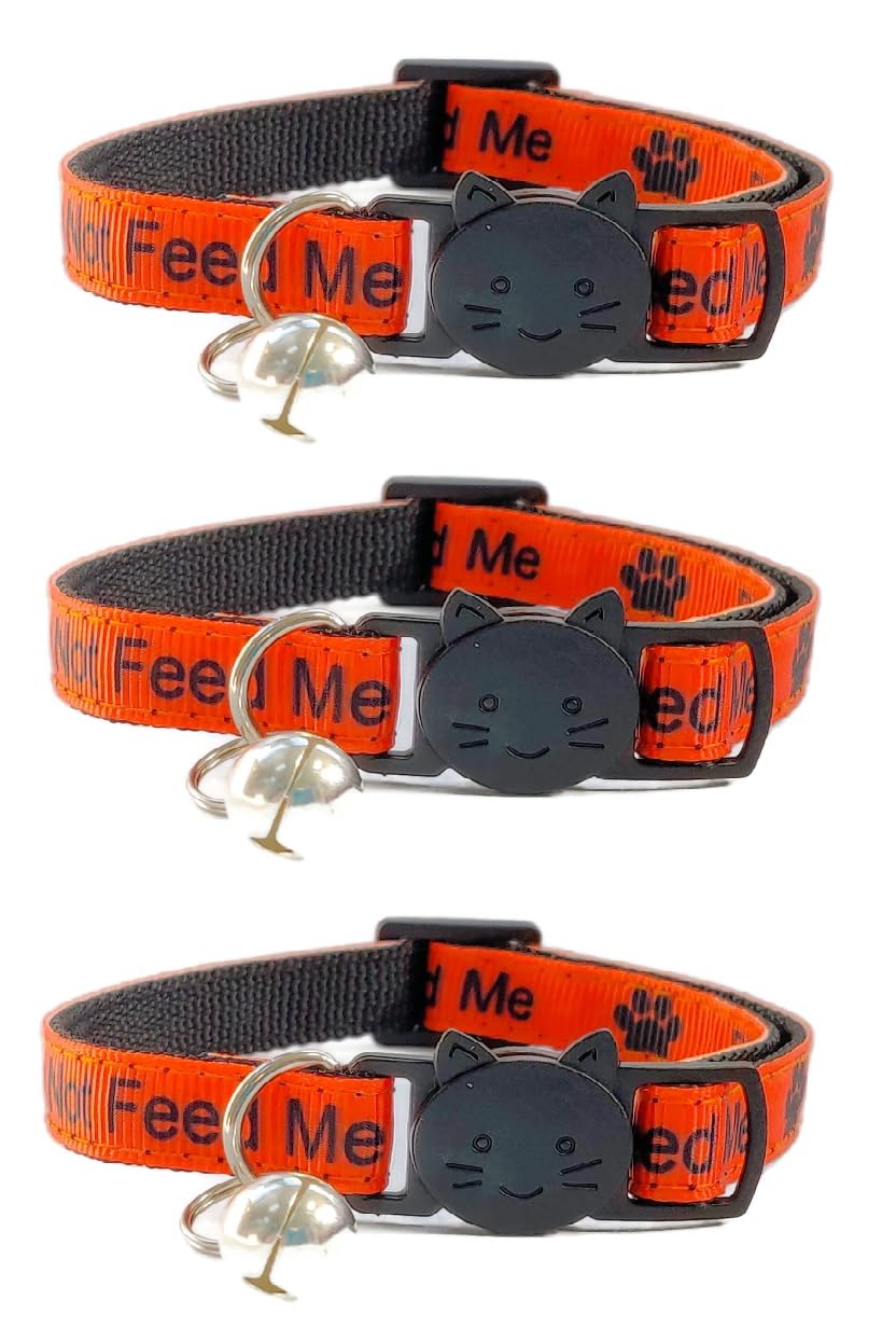 Worded Cat Collars with Bell – Please Do Not Feed Me, I Am Microchipped | Safe Quick Release Breakaway Buckle | Zacal Cat Collars (1. Orange/Black, Please Do Not Feed Me, Pack of 3)