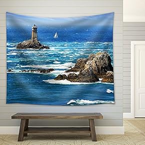 Lighthouse on Cape Sizun, Pointe Du Raz Brittany, France - Fabric Wall Tapestry Home Decor - 51x60 inches