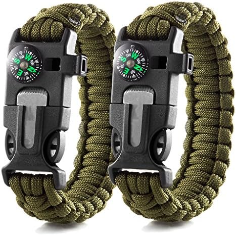 FIFUN Survival Paracord Bracelet – with Compass, Fire Starter,Knife, Whistle – Pack of 2
