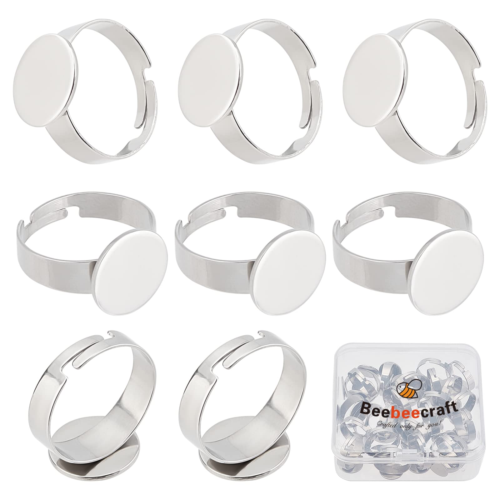 Beebeecraft 1 Box 30Pcs Ring Blanks 12mm Adjustable Flat Ring Base Blank Finger Rings Base Settings Round Pad Ring Trays for DIY Rings Making Crafts (Silver Color) — image 1