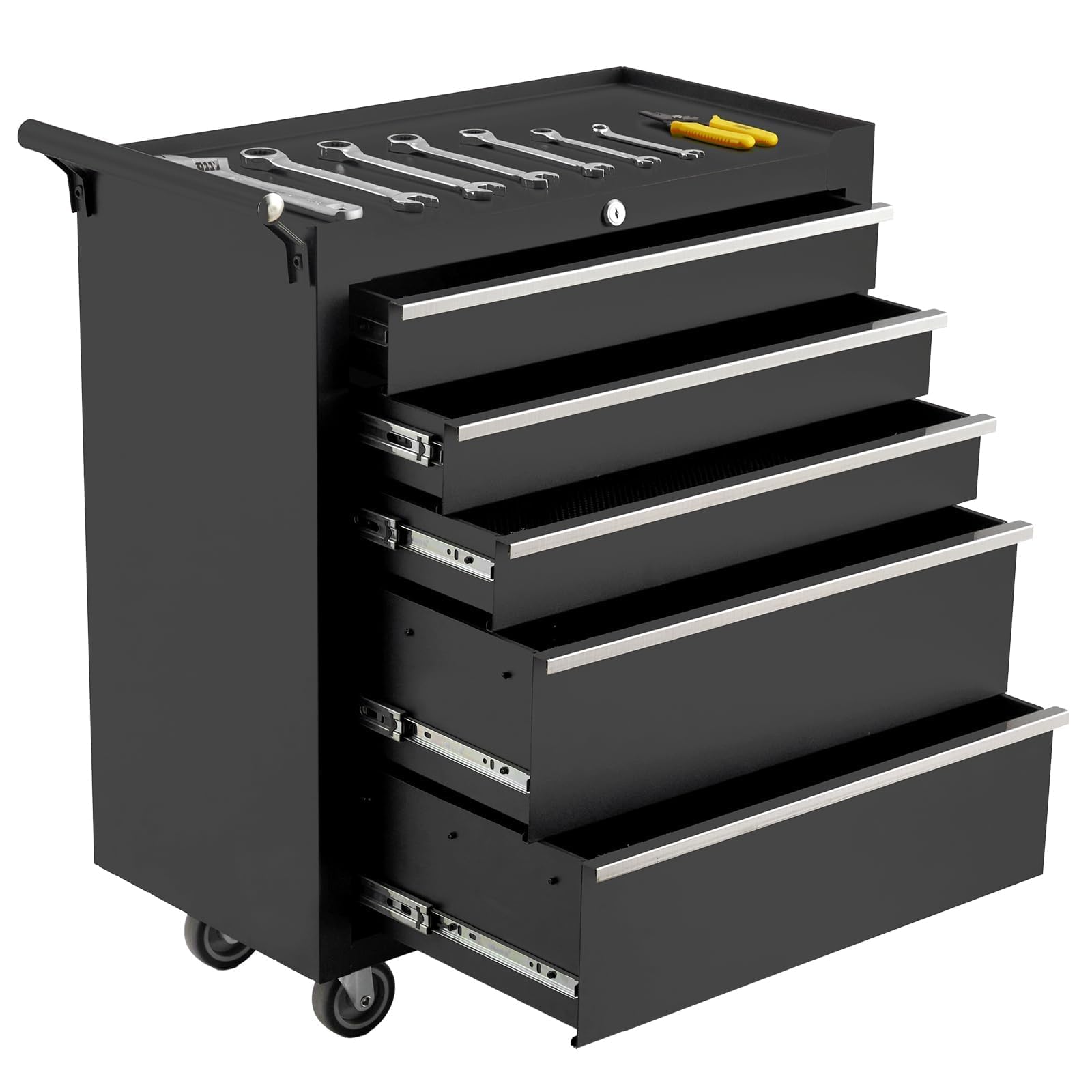 Photo 1 of 5-Drawer Tool Box with Wheels, 26 inch Rolling Tool Chest and Organizer for Garage & Workshop, Includes Detachable Top, Lockable Wheels and Sliding Drawers, Essential Tool Chest Cabinet Organizer