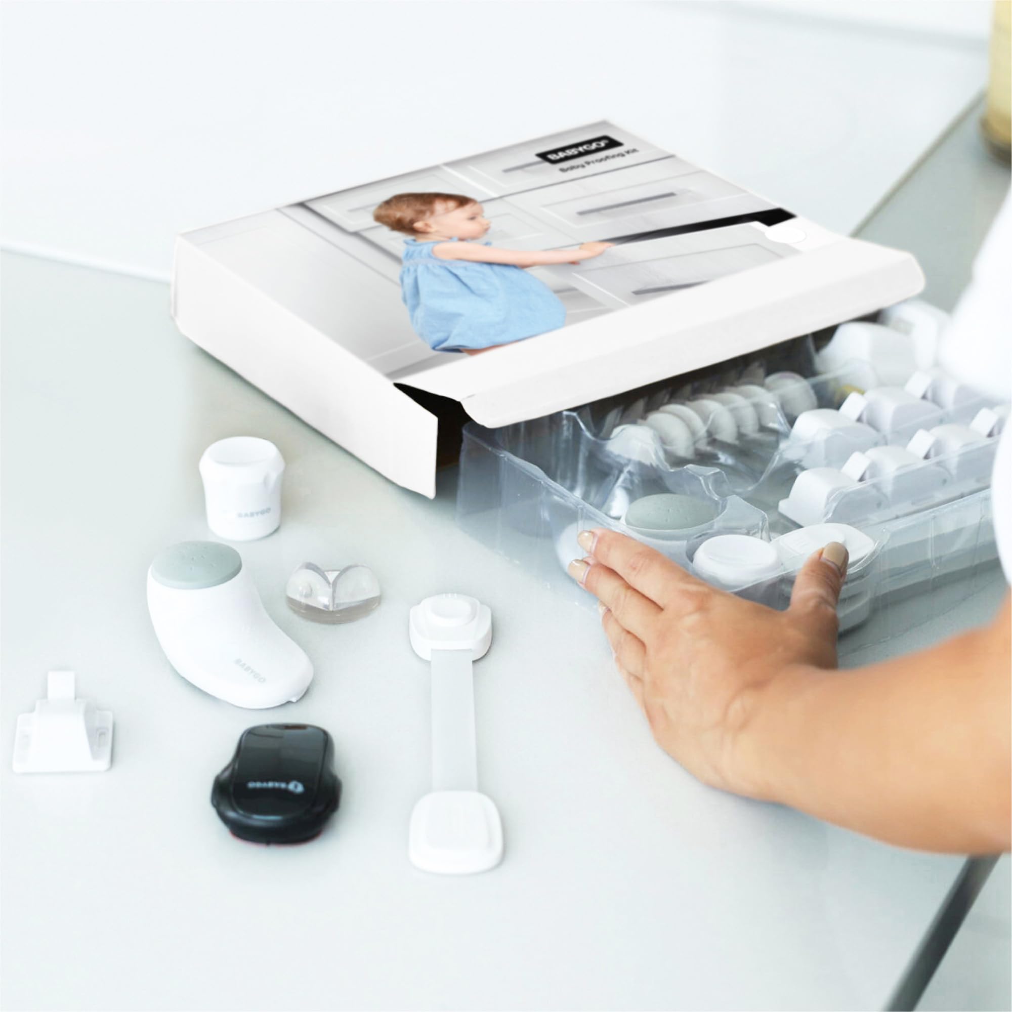 BABYGO® Premium Baby Proofing Kit for Home & Kitchen | Magnetic Child Safety Cupboard Locks | Straps for Fridge Freezer Bin | Oven Guard | Corner Protectors | Door Stoppers | Children Proof Set White