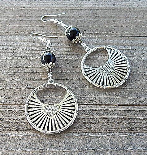 Black Onyx Gemstone Winged Heart Silver Large Medallion Open Weave Earrings