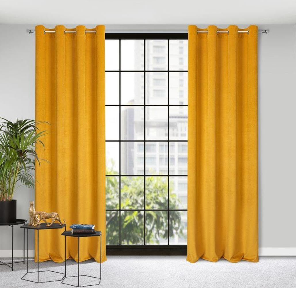 Eurofirany ELIZA Structural Velvet Curtain with Eyelets - 1 Pc. Velvet Thermal Insulated Curtain, Opaque, Room Darkening, Bedroom, Living Room, 140x250 cm, Mustard Yellow