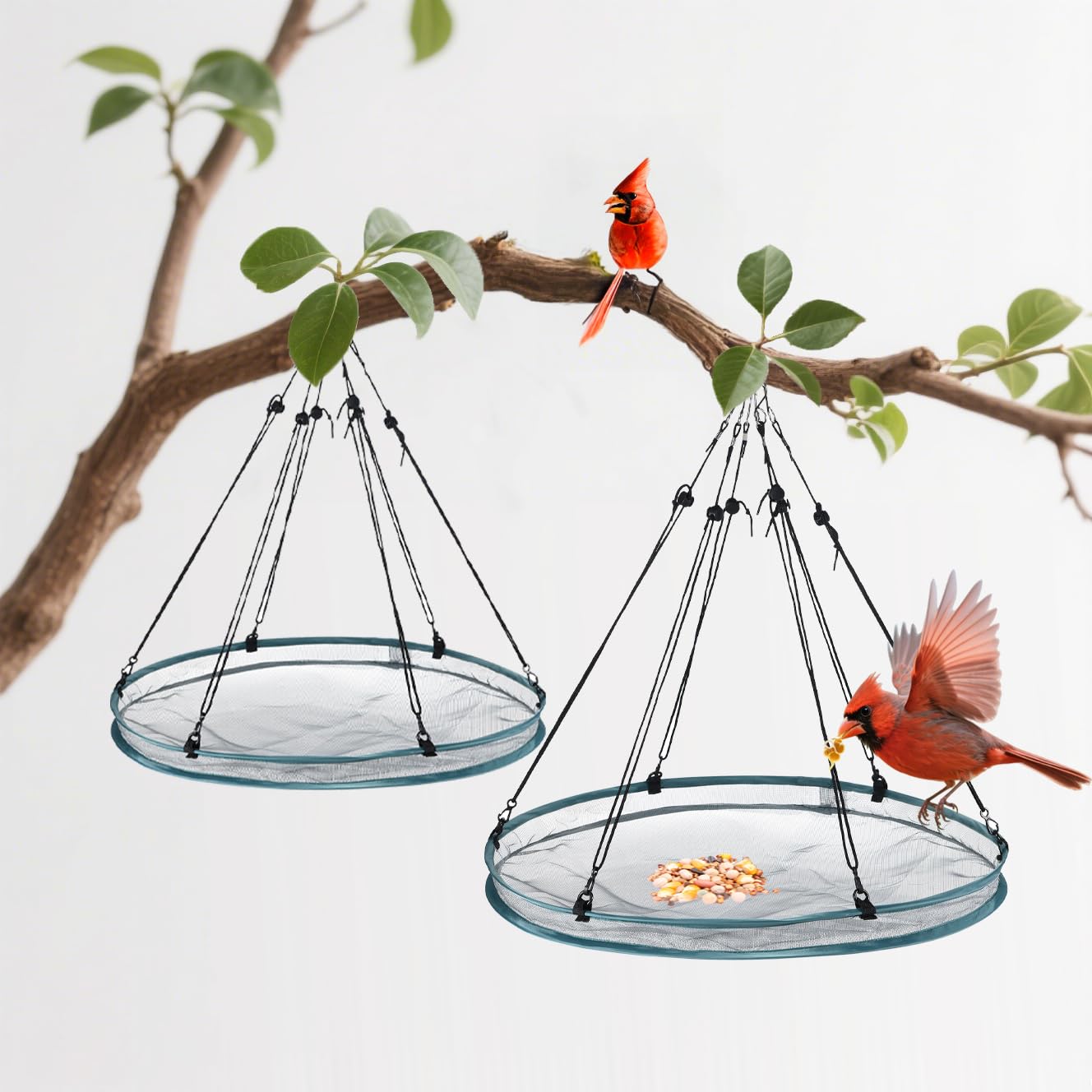 Photo 1 of 2 Pack Feeder Bird Seed Catcher Tray - Diameter Durable Outdoor Bird Feeding Platform with Adjustable Hanging Hoop and Seed Guard (Green, 24")