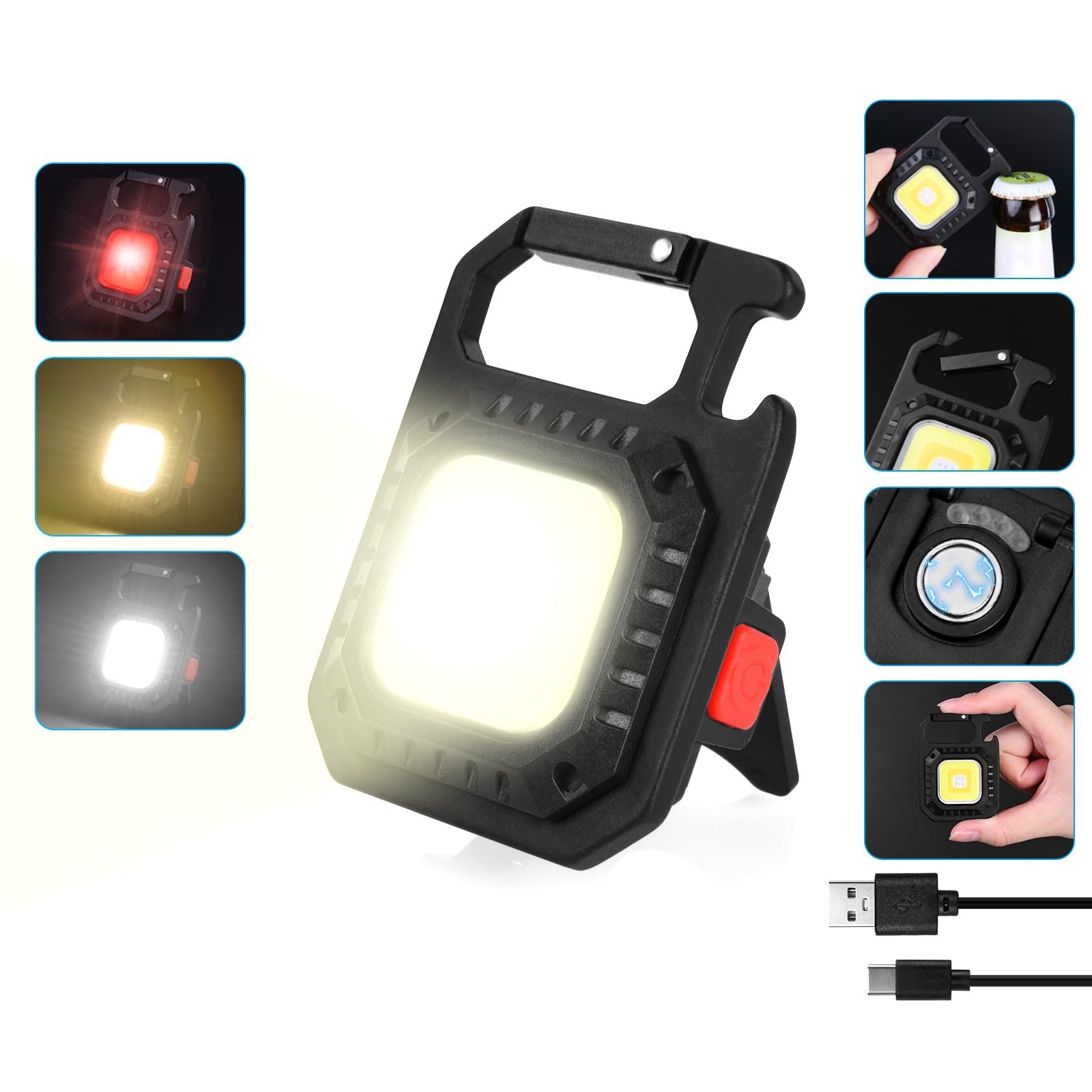 URAQT LED Torch, Portable Mini LED Small Work Light Keychain Flashlight, 7 Modes 1000 Lumens Rechargeable Inspection Lights with Bottle Opener Magnetic Base for Camping Repair Emergency Lighting — image 1