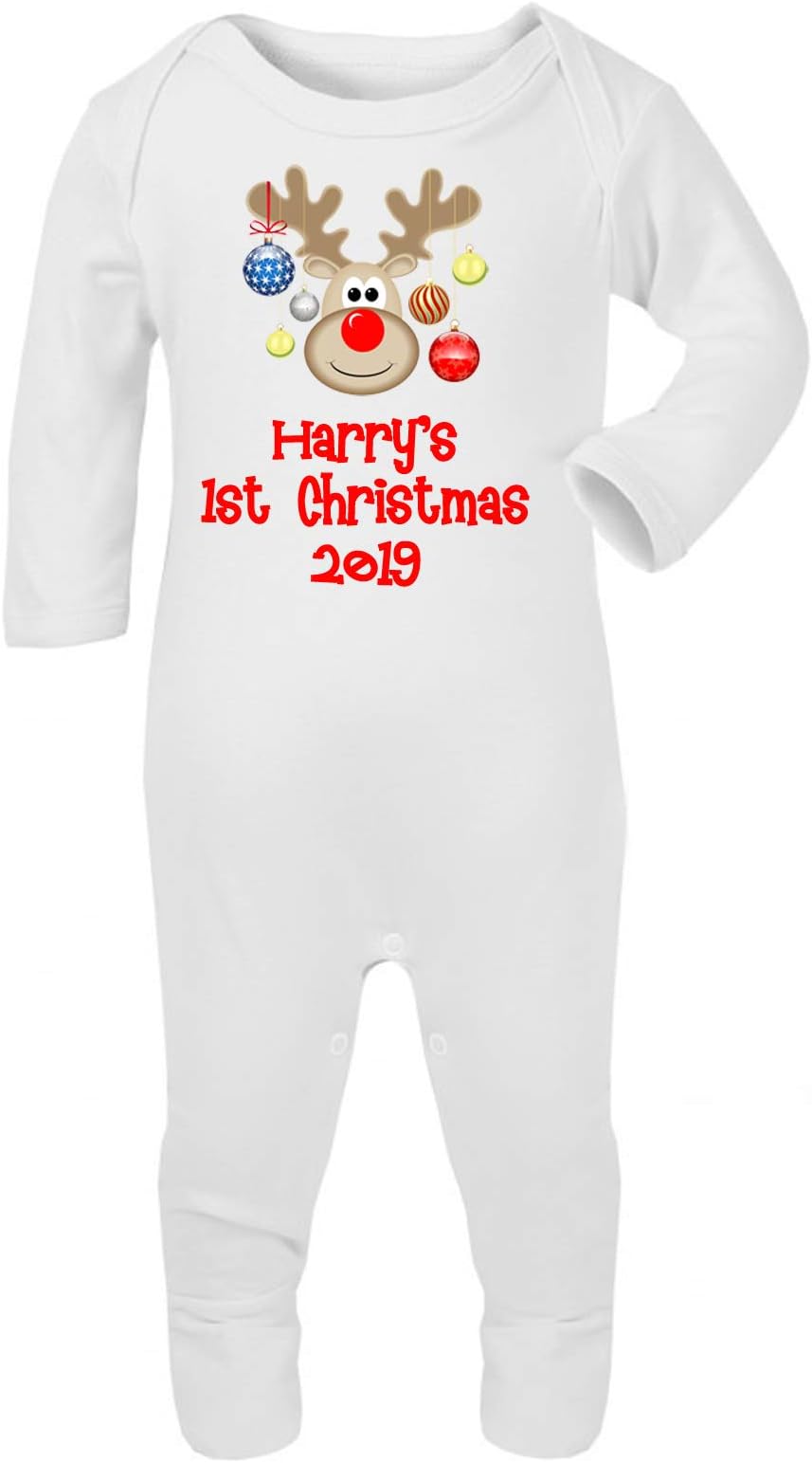 Oh Sew Simple Baby’S Boys 1ST Christmas Rudolph Personalised Printed Babygrow/Sleepsuit with Baby Name