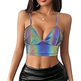Giovacker Women's Sexy V-Neck Spaghetti Strap Sparkle Sequined Crop Tops Tube Top Bustier Vest Tank Rave Clubwear Camis Tee
