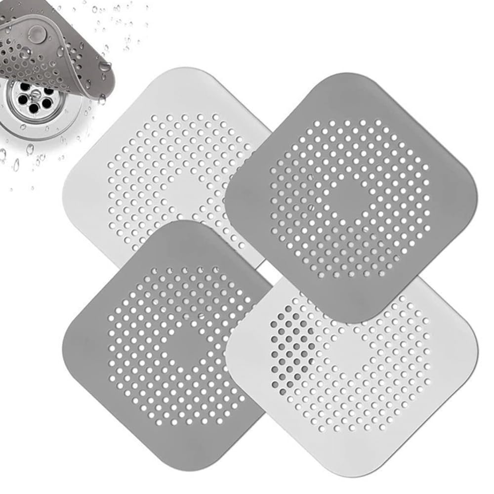 4 Pcs Silicone Drain Protector with Sucker Square Shower Hair Catcher Sink Strainer Protector for Bathroom Bathtub Kitchen