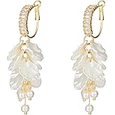 WASAIE White Pearl Petal Flower Hoop Dangling Earrings For Women,Long Sparkly CZ Cubic Lightweight Women Jewelry Earrings For Wedding Party Bride Bridesmaid