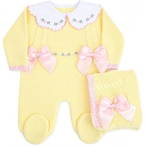 Newborn Girl Yellow Knitted Clothes Set, Coming Home Infant Knit Outfit 3 pieces