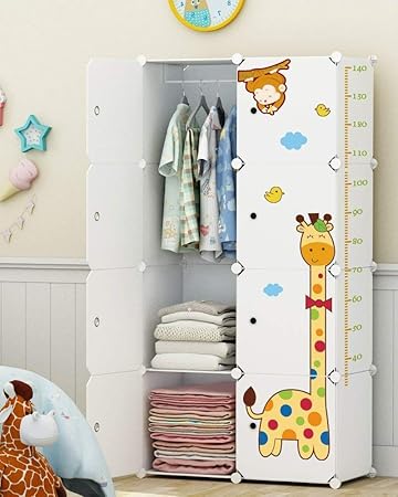 Koossy Erweiterbares Kinderregal Kinder Kleiderschrank mit Giraffe Aufkleber für Kinderzimmer (Weiß 8 Cube)