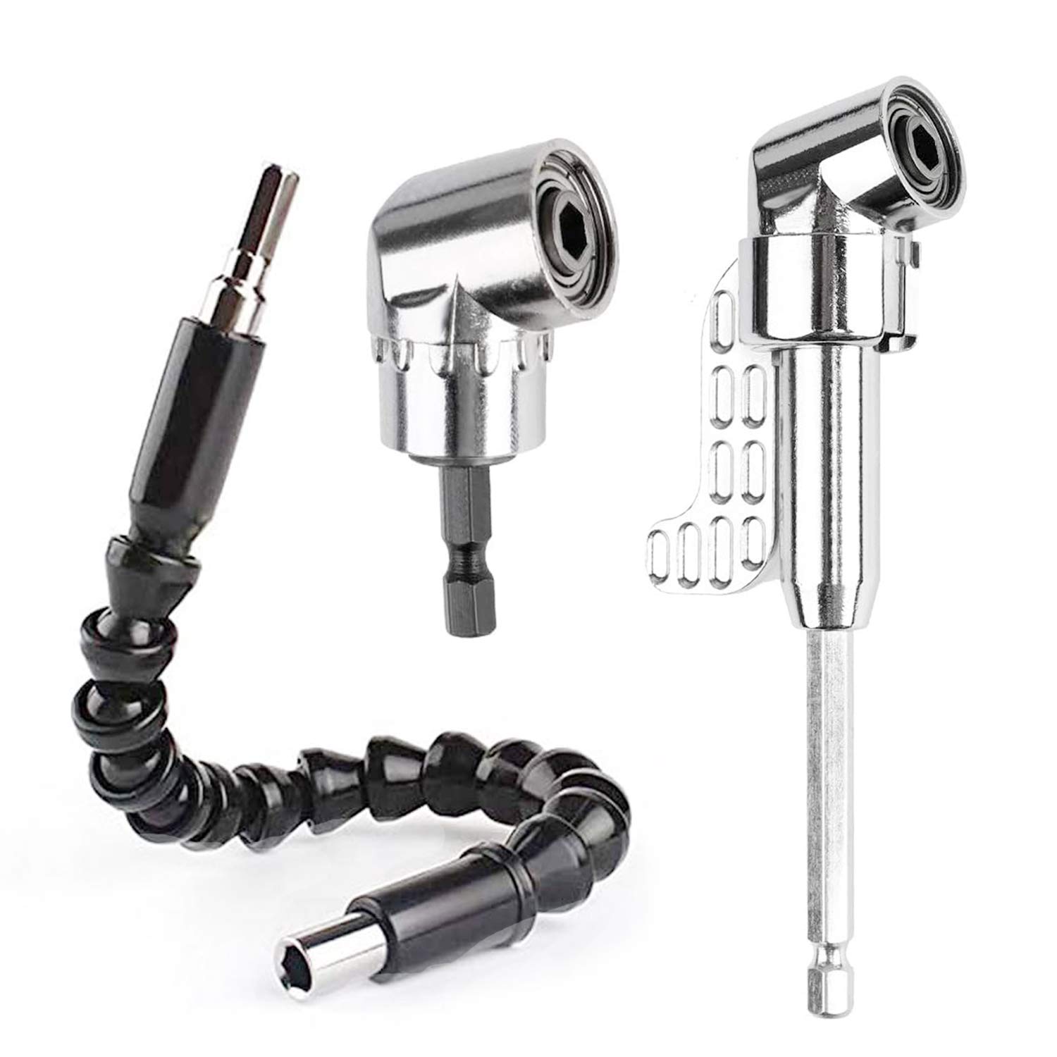 ZFYQ Right Angle Drill Adapter Set with 1/4 Inch Hex Shank, Adjustable Screwdriver Socket Holder Adapter and Flexible Extension Bit, Screwing and Drilling in Tight Corner Workspaces, 3PCS