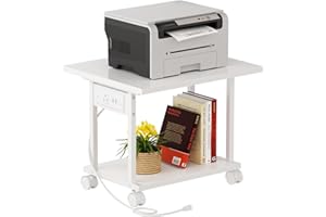 Asgolion 2-Tier Under Desk Printer Stand with Charging Station, Wheels, Space-Saving, Sturdy, Easy Assembly, White