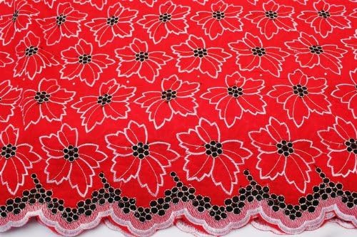 Red, Floral Voile Design Blended Cotton Embroidery African Lace Fabric in 10 Color