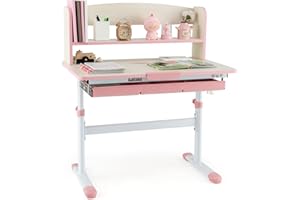 Costzon Kids Desk, Height Adjustable Children Study Desk with Tilt Desktop, Storage Drawer, Hutch, Scale Ruler, Student Writing Table School Desk for Boys Girls Bedroom, Desk for Kids (Pink)