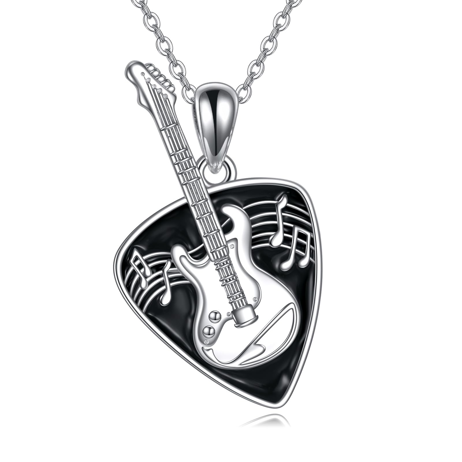 VONALA Guitar Pick Necklace Sterling Silver Guitar Plectrum with Music Note Pendant Necklace Musical Jewelry Gifts for Music Lover Women Men