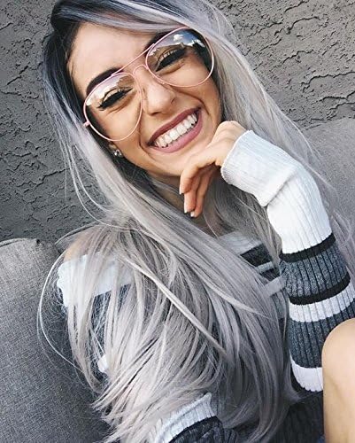 Lace Front Wigs Synthetic 2 Color Ombre Sliver Grey Long Straight Wig for Women 22 Inches