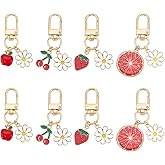 PH PandaHall 16pcs Fruit Flower Keychains, 4 Styles Cute Key Chain Alloy Enamel Keychains Cherry Strawberry Orange Charms for Purse Wallet Backpack Decoration, Gift, Women, Gold