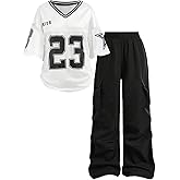 Floerns Girl's Two Piece Outfit Y2k Number V Neck Jersey Shirts with Cargo Pants Set