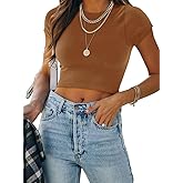 REORIA Butsmooth® Women's Basic Cute Short Sleeve High Neck Double Lined Tight T Shirts Crop Tops Tees