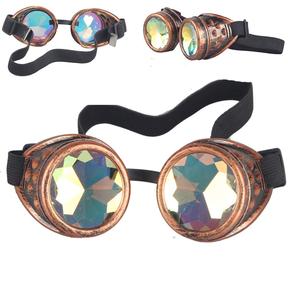 DODOING Kaleidoscope Goggles Steampunk Rave Glasses Goggles Crystal Rainbow Kaleidoscope Rave Glasses Rainbow Crystal Glass Lens