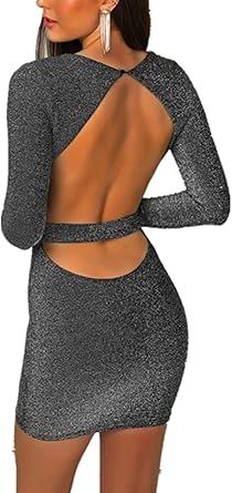 shinny open back long sleeve bodycon mini dress
