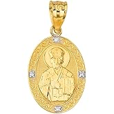 Certified 10k Gold Catholic Patron Saint St. Nicholas Oval Religious Diamond Medal Pendant