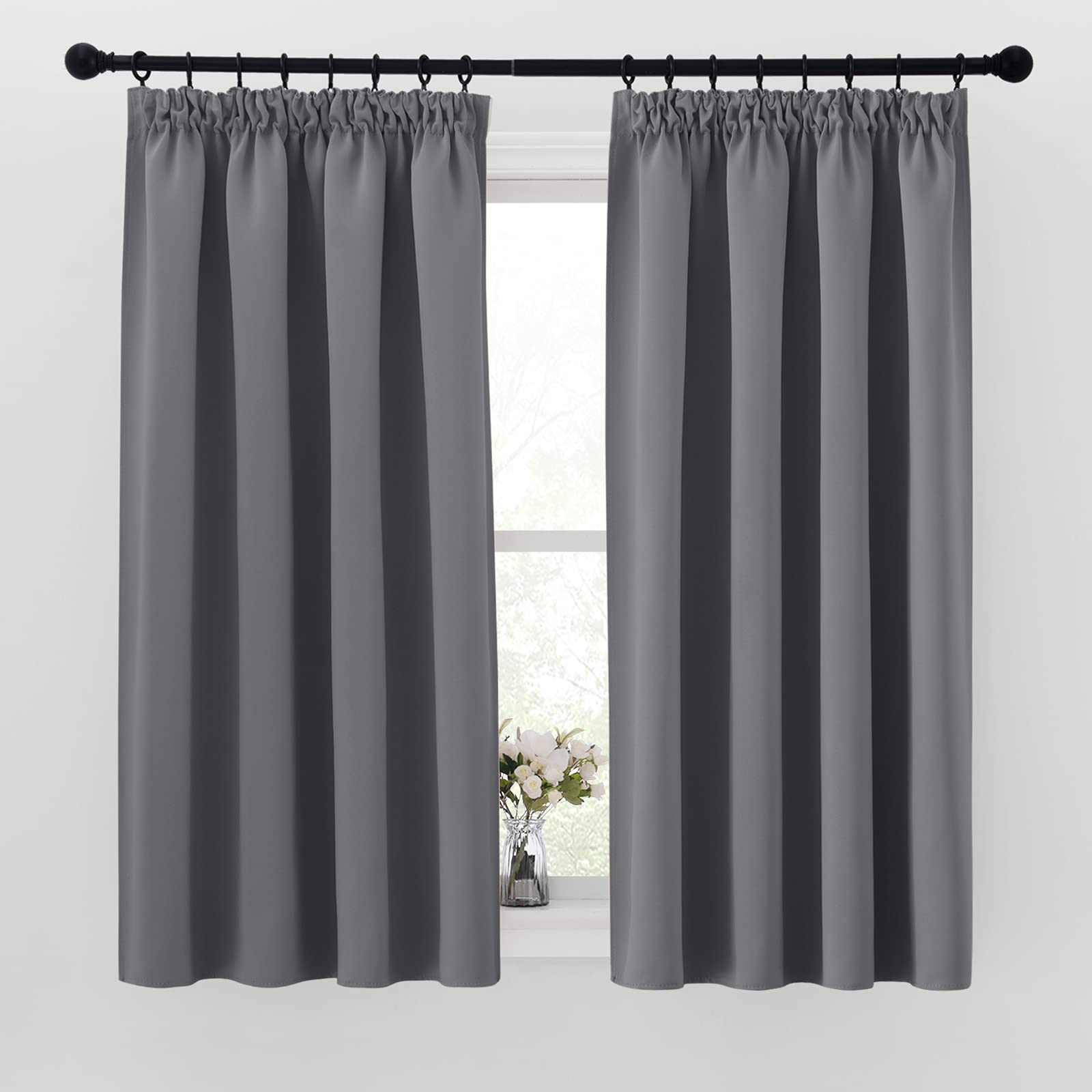 PONY DANCE Grey Pencil Pleat Blackout Curtains - Room Darkening Thermal Curtains for Bedroom W46 X L45 inch Drop Energy Saving Winter Curtains & Darpes for Living Room, 2 Panels