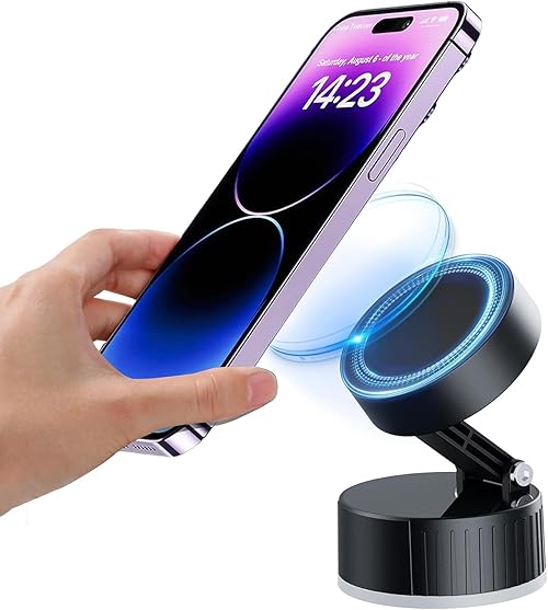 INDOTEAM Vacuum Magnetic Phone Holder with Metal Ring - Adjustable Suction Mount for Phones - Car Phone Holder Multifunctional Cradle for Cars, Kitchen, Gym, Desk – Car Phones Mount