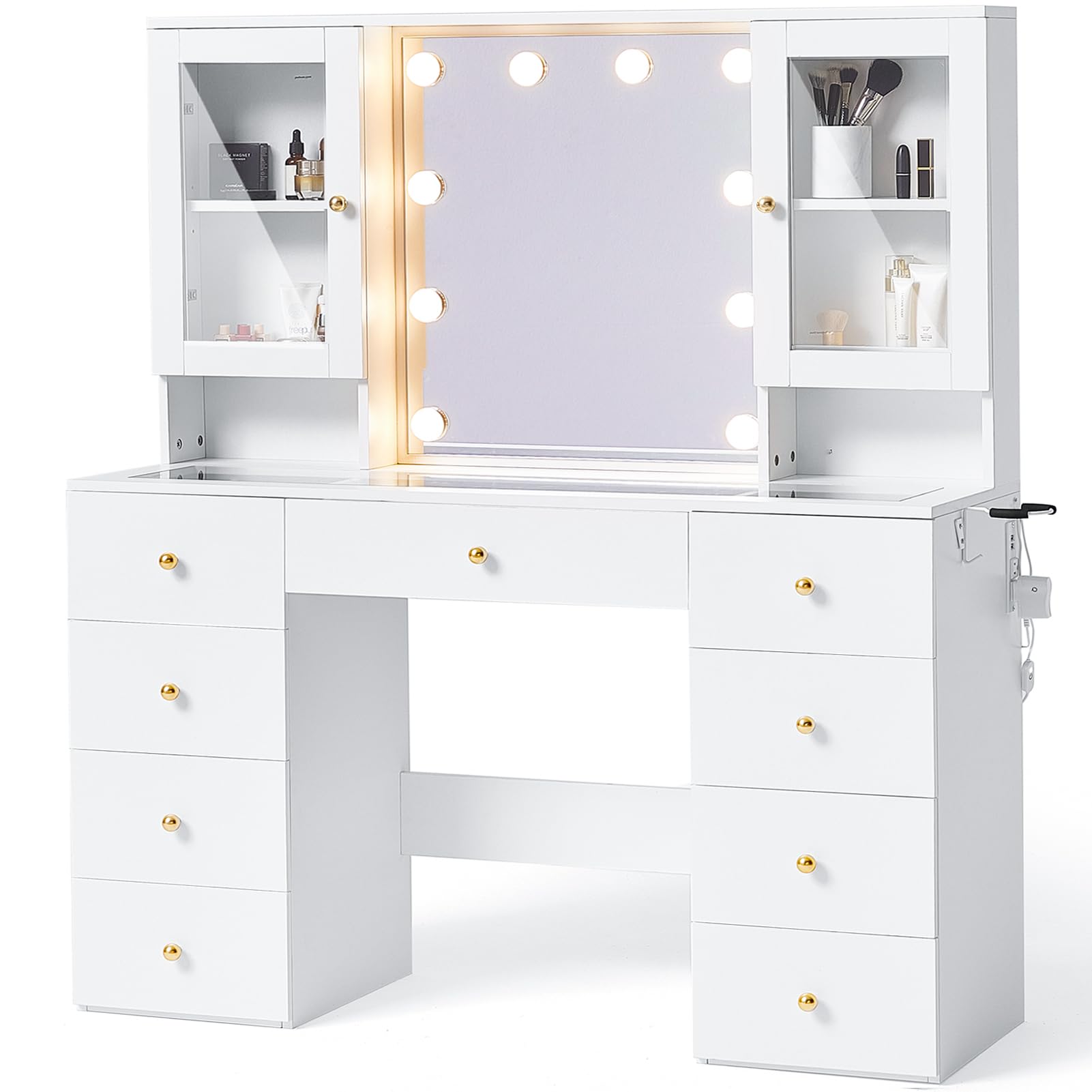 Photo 1 of **BROKEN MIRROR. SELLING FOR PARTS**LINSY HOME Glass Top Vanity White Makeup Vanity with Mirror and Lights, 47" Make Up Vanitys Desk with Storage, 9 Drawers, 2 Cabinets and Outlet, Big Vanity Table for Bedroom, Women, Girls