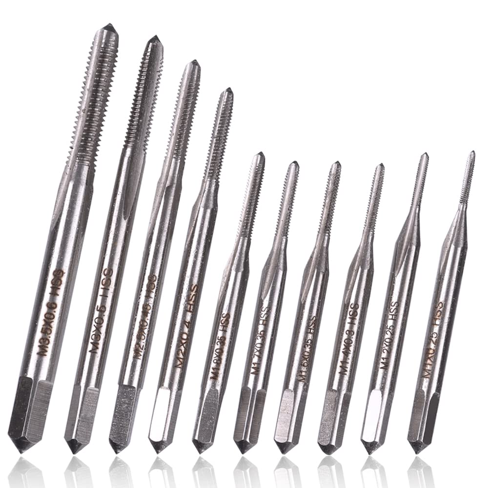 Mesee 10 Pieces Mini Machine Hand Drill Tap Set, M1-M3.5 Micro Taps Bits Metric Thread Screws Plug Bit Small Wire Tapping Drill Bits Tool for Clocks and Watches Tapping