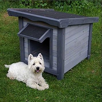 Modern Timber Dog Cabin In Grey With Porch Roof Over The Entrance
